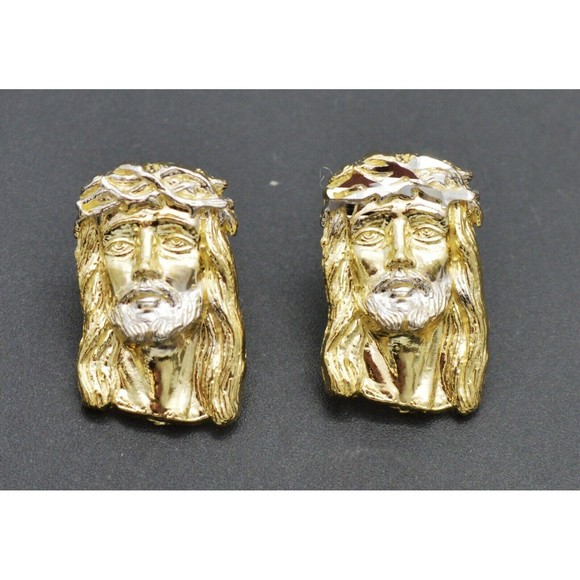 Real 10k Yellow Gold Jesus Head Diamond Cut Stud Earrings 2.7gr - Picture 1 of 6